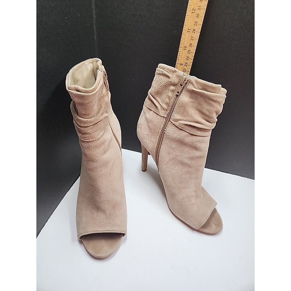 Vince Camuto Tan Suede Leather Open Toe heeled Short Boots Ruched Sz 8.5 M